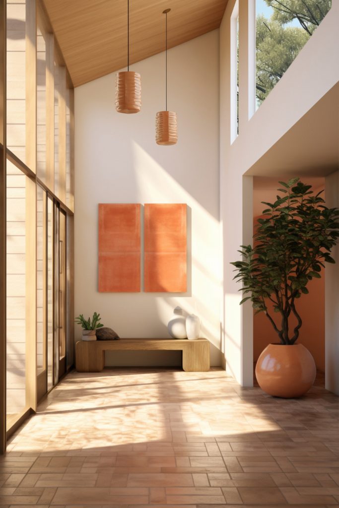 Sol en carrelage imitation terre cuite posé par un artisan carreleur dans les Yvelines. Finitions soignées pour une ambiance chaleureuse et naturelle dans un intérieur lumineux.